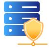 Icon of three stacked blue server units with a gold shield in front, representing data security or protected servers.