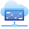 A computer monitor displaying a line graph is connected to a network, with a blue cloud icon in the background.