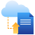 Blue document icon with white lines is connected by a dashed orange line to a blue cloud above, with an orange upward arrow indicating uploading to the cloud.