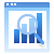 Icon of a web browser window displaying a bar chart with a magnifying glass overlaid, suggesting analysis or review of data or statistics.