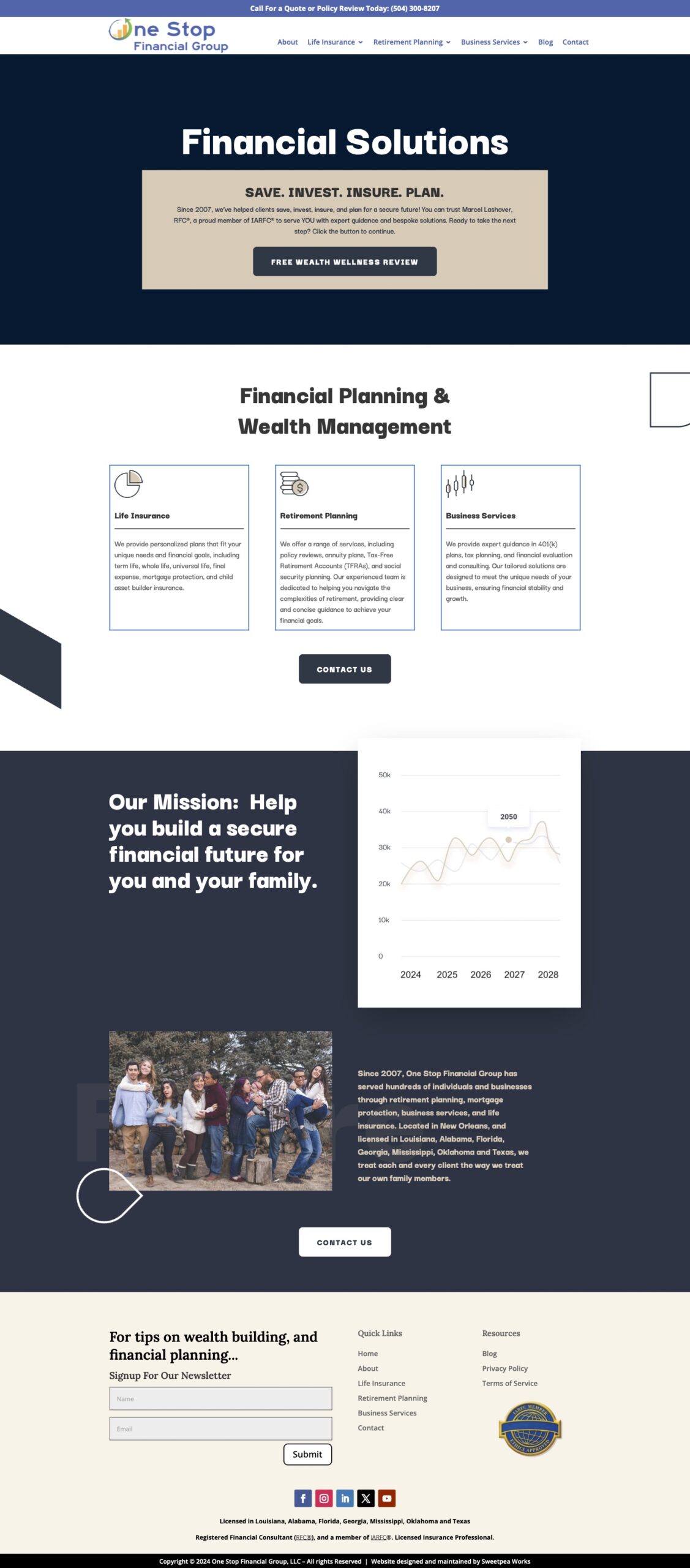 A financial services website homepage with sections on insurance, financial planning, business services, a growth graph, team photo, mission statement, and contact buttons.