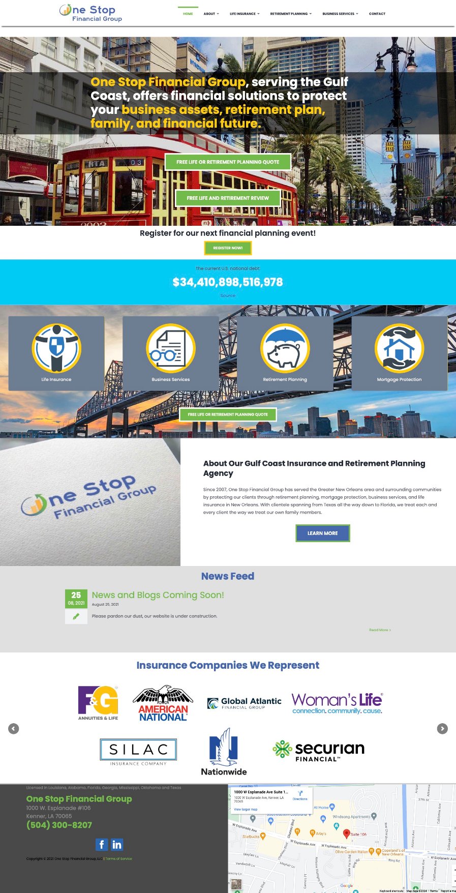 Screenshot of a financial group's website with sections for an event, services offered, news, partner logos, and contact information.