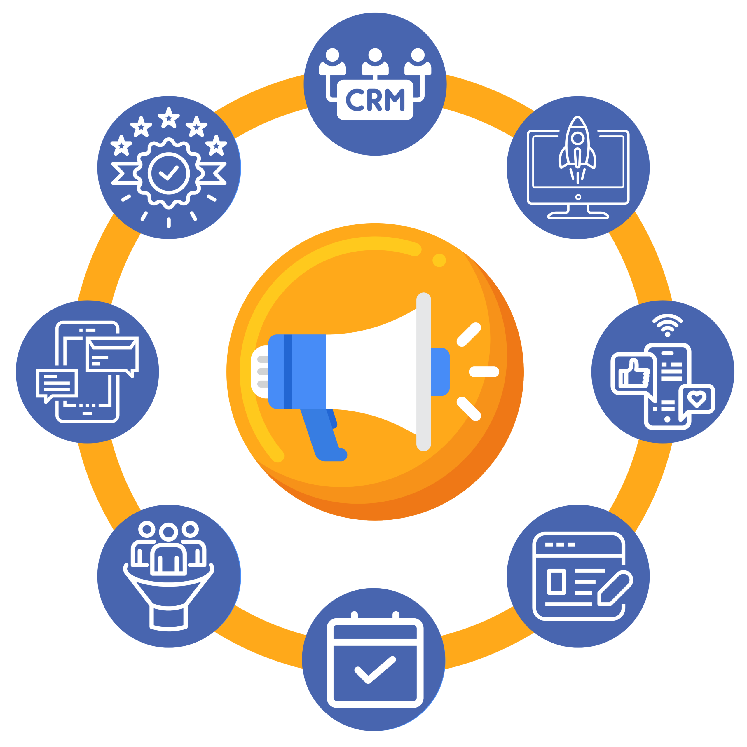 A central megaphone icon is surrounded by eight marketing and communication-related icons connected in a circle, representing various business strategies and tools.