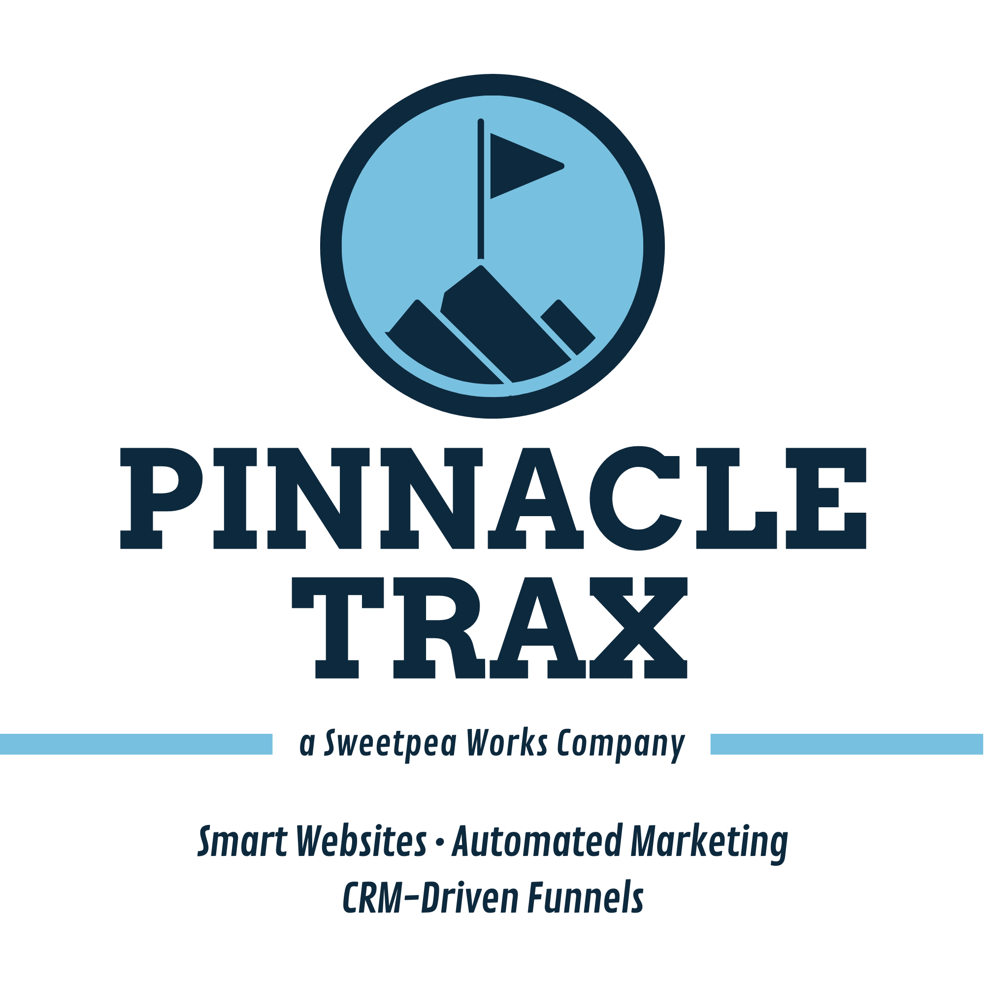 Logo for Pinnacle Trax featuring a mountain and flag icon, with text about smart websites, automated marketing, and CRM-driven funnels.