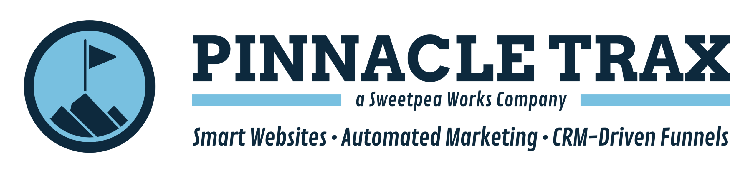 Pinnacle Trax logo with a mountain and flag icon, tagline "a Sweetpea Works Company," and text: "Smart Websites • Automated Marketing • CRM-Driven Funnels.
