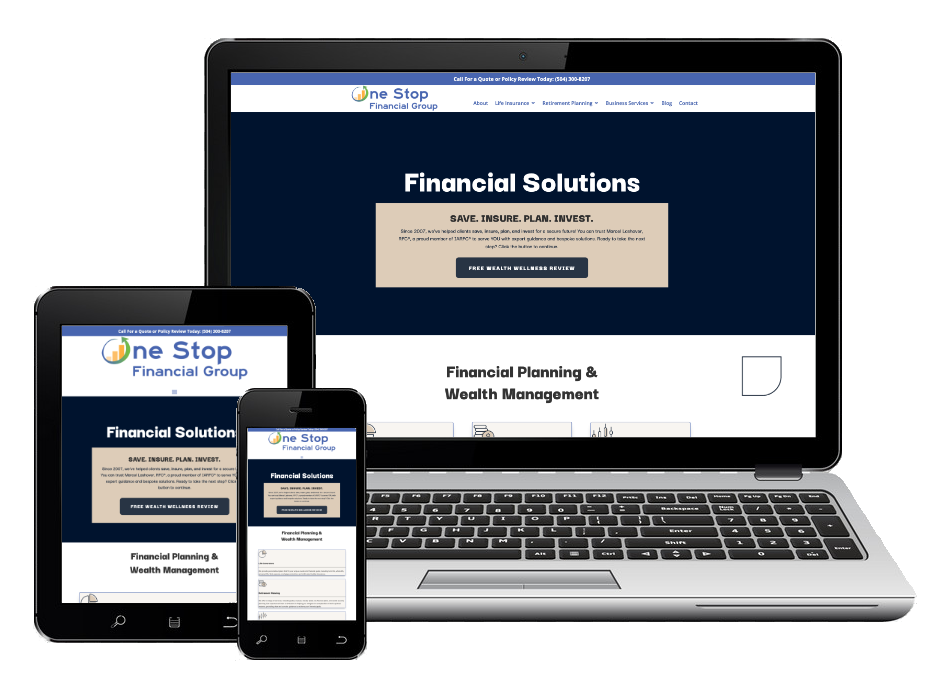 A laptop, tablet, and smartphone display the same financial services website homepage featuring "Financial Solutions" as the main heading.