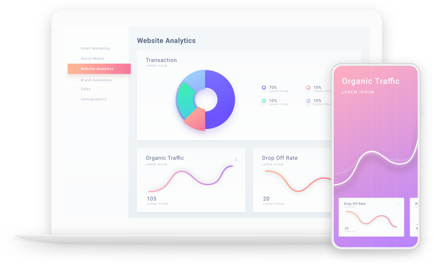 Laptop and smartphone screens display data dashboards with website analytics, including a pie chart and line graphs showing organic traffic and drop off rates.