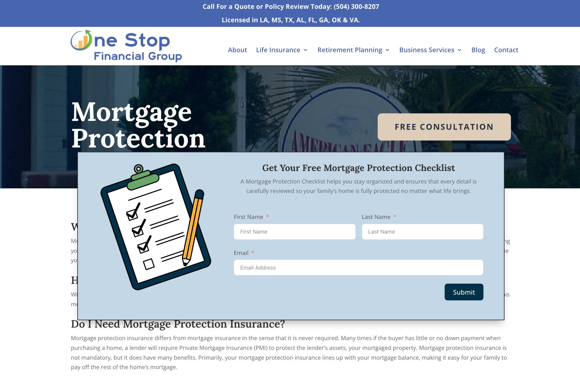 A website page for One Stop Financial Group displays a pop-up form offering a free mortgage protection checklist and consultation, prompting users to enter their name and email.