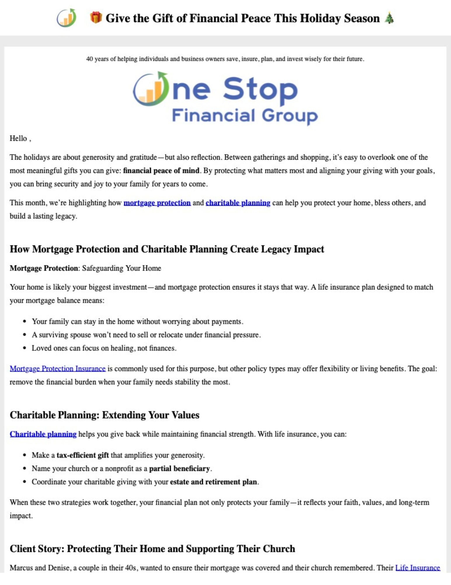 A holiday-themed flyer from One Stop Financial Group discusses mortgage protection, charitable planning, and features a family case study alongside gift-giving and financial security messages.