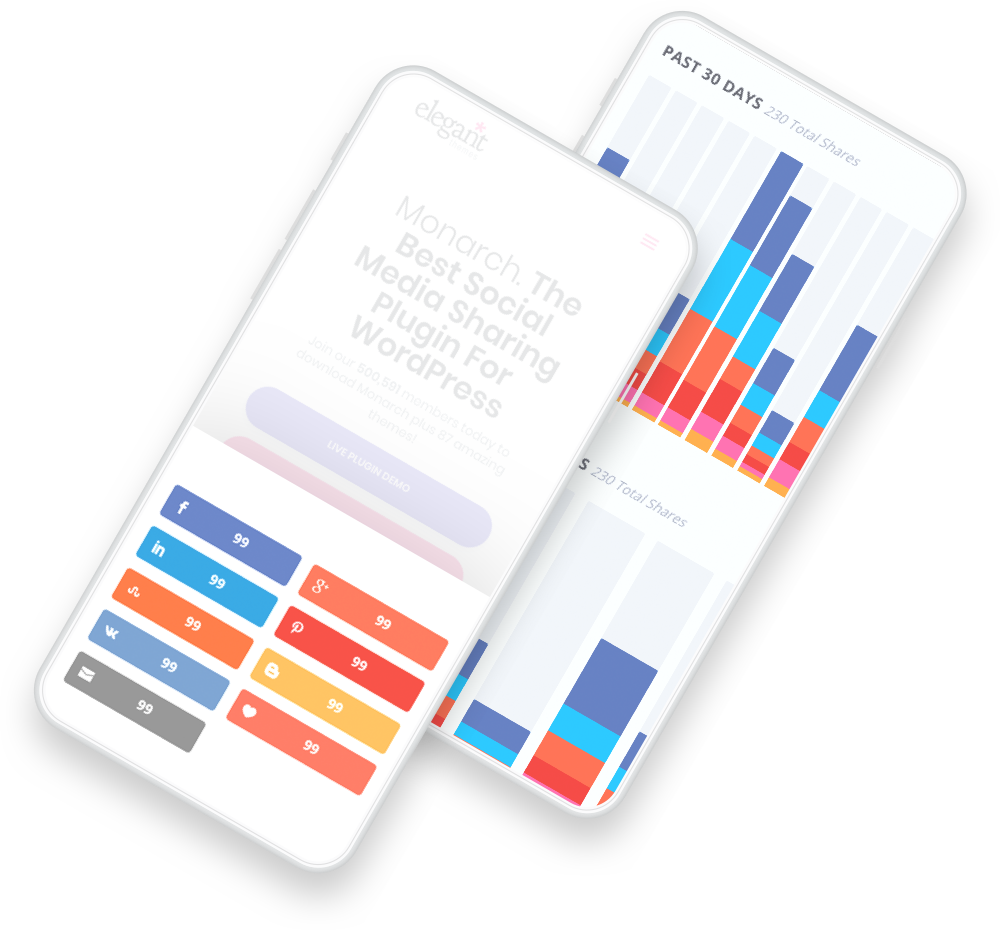 Two smartphones display a WordPress social sharing plugin interface and a bar chart showing social media shares over the past 30 days.